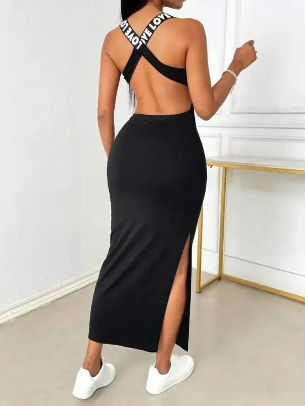 Women's Round Neck Crisscross Back Love Detail Slit Viscose Dress - 6