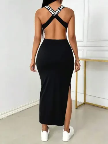 Women's Round Neck Crisscross Back Love Detail Slit Viscose Dress - 7