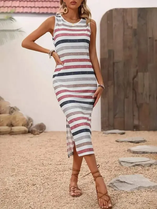 Women's Round Neck Sleeveless Side Slit Midi Long Dress - 2