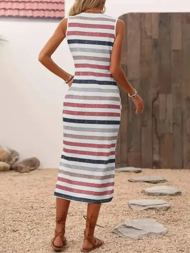 Women's Round Neck Sleeveless Side Slit Midi Long Dress - 3