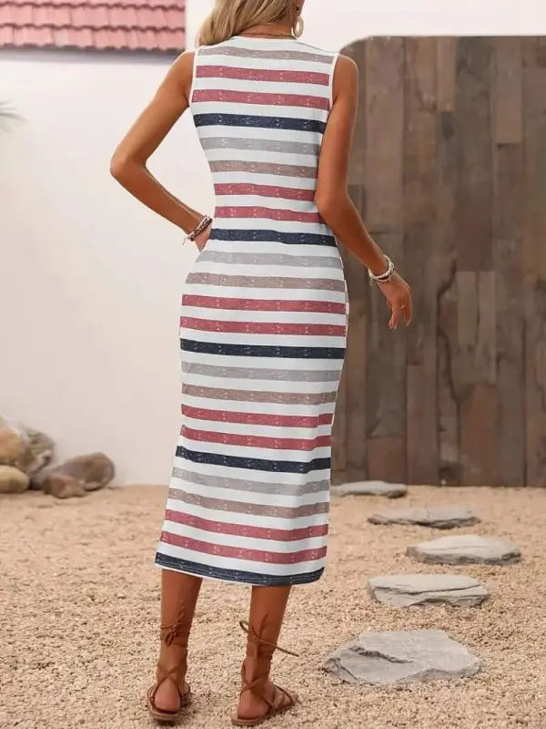 Women's Round Neck Sleeveless Side Slit Midi Long Dress - 3