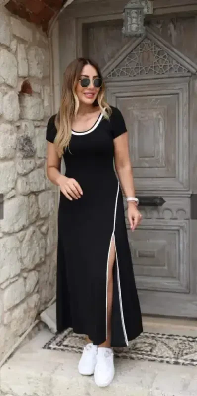 Women's Round Ribbed Collar White Slit Detailed Viscose Full Length Dress - 2