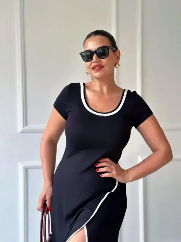 Women's Round Ribbed Collar White Slit Detailed Viscose Full Length Dress - 6