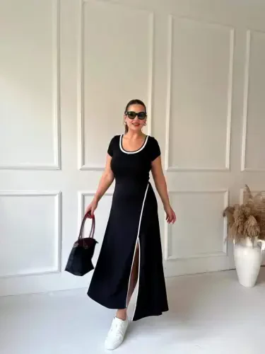 Women's Round Ribbed Collar White Slit Detailed Viscose Full Length Dress - 7