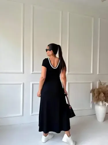 Women's Round Ribbed Collar White Slit Detailed Viscose Full Length Dress - 10