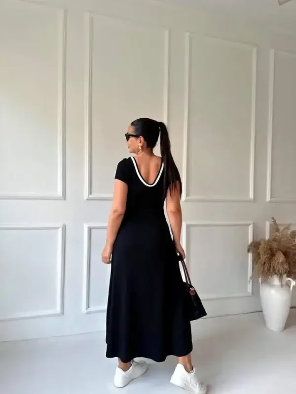 Women's Round Ribbed Collar White Slit Detailed Viscose Full Length Dress - 10