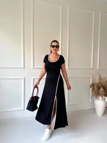 Women's Round Ribbed Collar White Slit Detailed Viscose Full Length Dress - 7