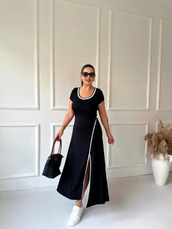 Women's Round Ribbed Collar White Slit Detailed Viscose Full Length Dress - 7