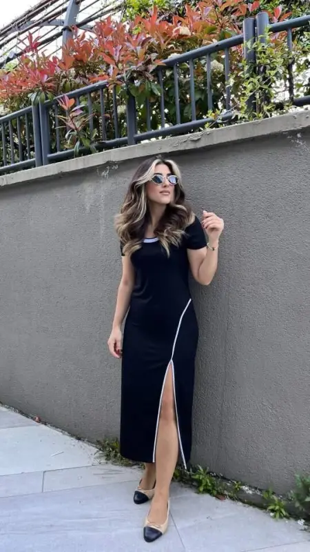 Women's Round Ribbed Collar White Slit Detailed Viscose Full Length Dress - 2