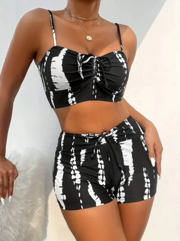 Women's Ruched Detail Tank Crop Top Mini Legging Set - 1