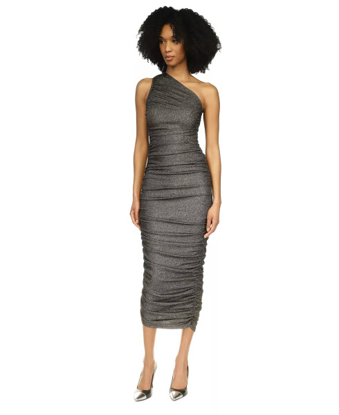 Women's Ruched Metallic One-Shoulder Midi Dress Black & Silver - 1