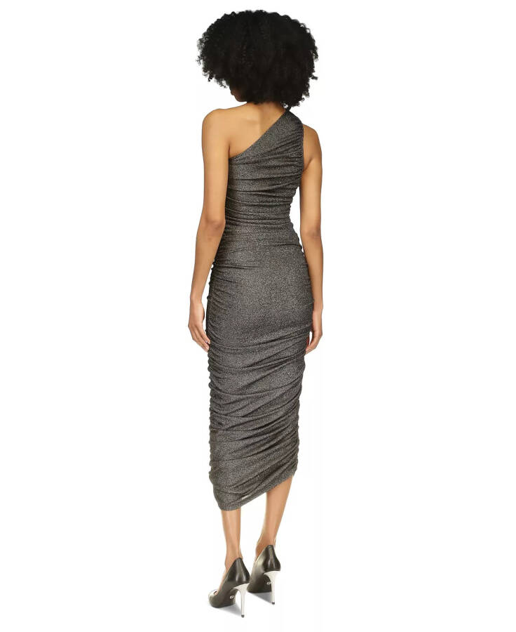 Women's Ruched Metallic One-Shoulder Midi Dress Black & Silver - 2