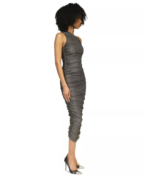 Women's Ruched Metallic One-Shoulder Midi Dress Black & Silver - 3