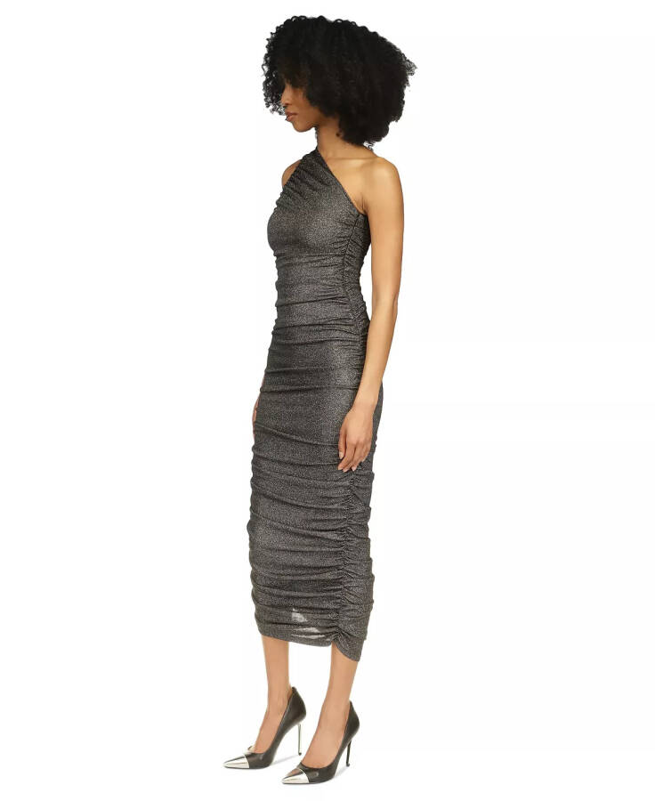 Women's Ruched Metallic One-Shoulder Midi Dress Black & Silver - 4