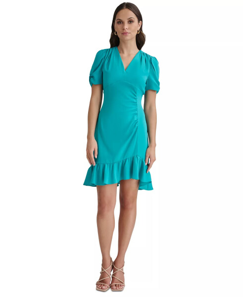 Women's Ruched-Sleeve A-Line Ruffle-Trim Dress Gulf Blue - 1