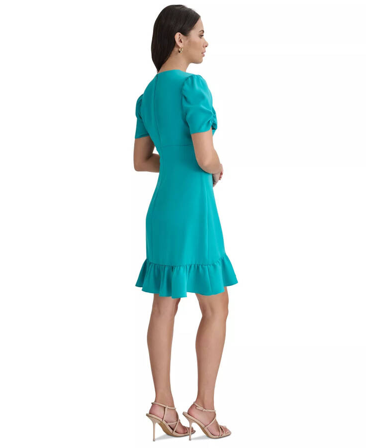 Women's Ruched-Sleeve A-Line Ruffle-Trim Dress Gulf Blue - 2