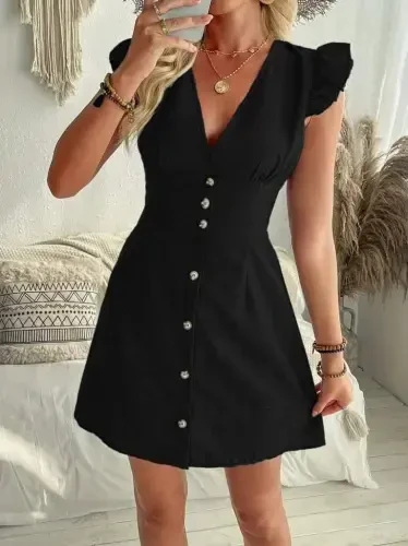 Women's Ruffle Sleeve V Neck Buttoned Linen Dress - 1