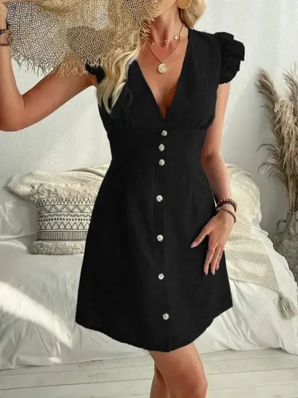 Women's Ruffle Sleeve V Neck Buttoned Linen Dress - 3