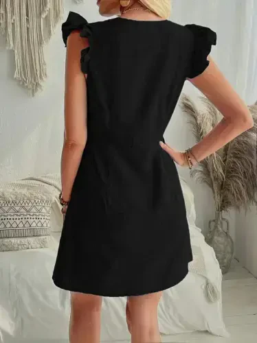 Women's Ruffle Sleeve V Neck Buttoned Linen Dress - 4