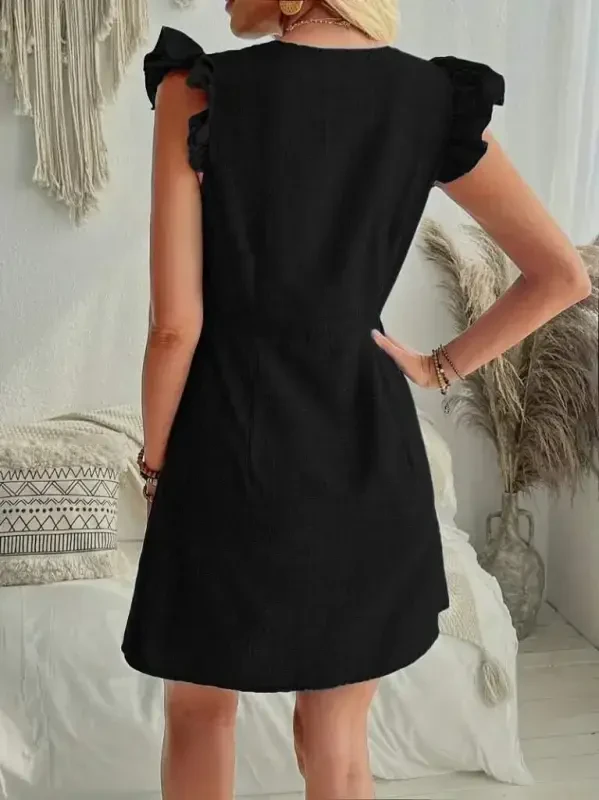 Women's Ruffle Sleeve V Neck Buttoned Linen Dress - 4