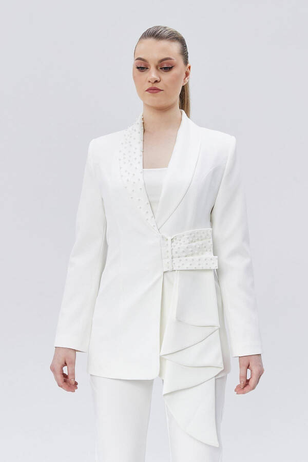 Women's Ruffled Belt Detailed Stone Embellished Special Design Jacket WHITE - 9