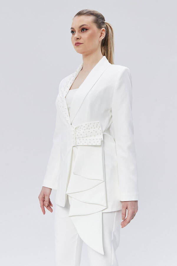 Women's Ruffled Belt Detailed Stone Embellished Special Design Jacket WHITE - 10