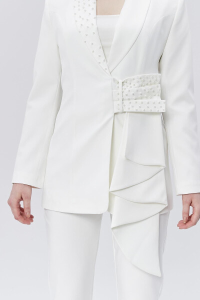 Women's Ruffled Belt Detailed Stone Embellished Special Design Jacket WHITE - 12