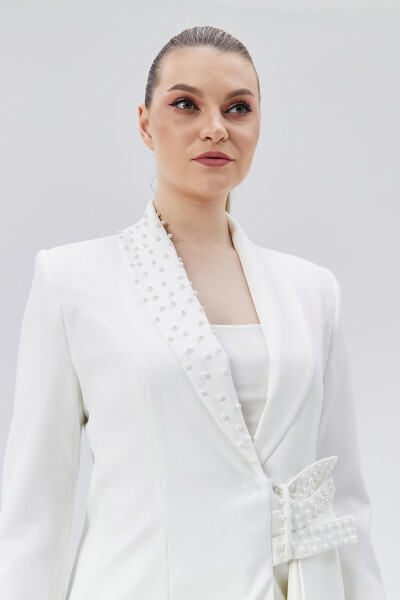 Women's Ruffled Belt Detailed Stone Embellished Special Design Jacket WHITE - 15