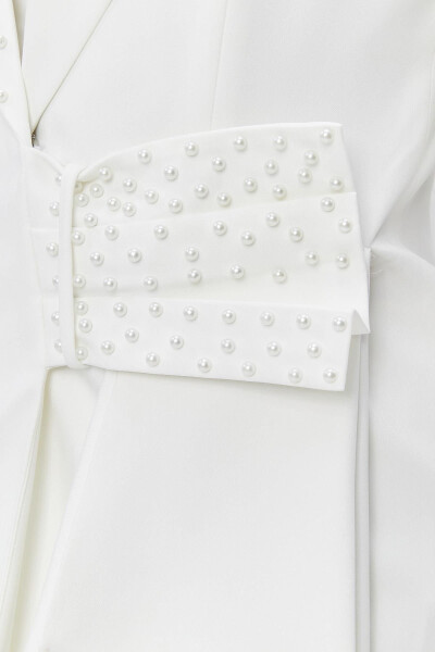 Women's Ruffled Belt Detailed Stone Embellished Special Design Jacket WHITE - 16