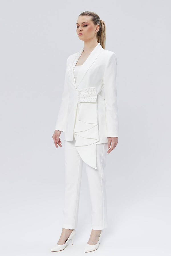 Women's Ruffled Belt Detailed Stone Embellished Special Design Jacket WHITE - 5