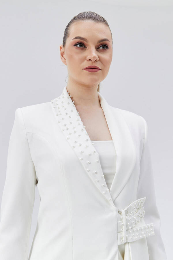 Women's Ruffled Belt Detailed Stone Embellished Special Design Jacket WHITE - 7