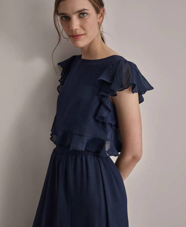 Women's Ruffled Gauze Smocked-Waist Tulip-Hem Dress Navy - 5