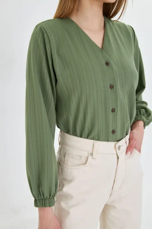 Women's Sage Green Elastic Sleeve Crinkle Shirt ARM-24K001002 - Sage Green - 3