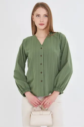 Women's Sage Green Elastic Sleeve Crinkle Shirt ARM-24K001002 - Sage Green - 5