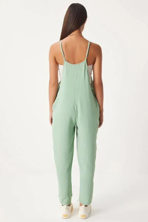 Women's Sage Green Pocket Gardener Dungarees DD00910 - 3