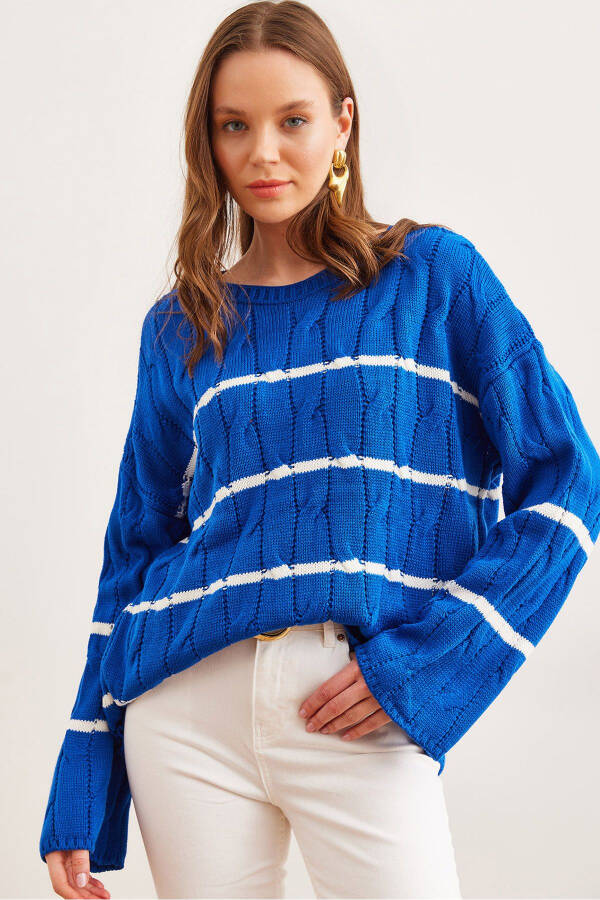 Women's Saks Blue Hair Braided Lines Detailed Knitted Sweater KZK-19000919 - 1