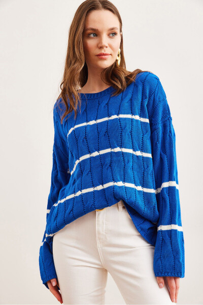 Women's Saks Blue Hair Braided Lines Detailed Knitted Sweater KZK-19000919 - OLALOOK (1)