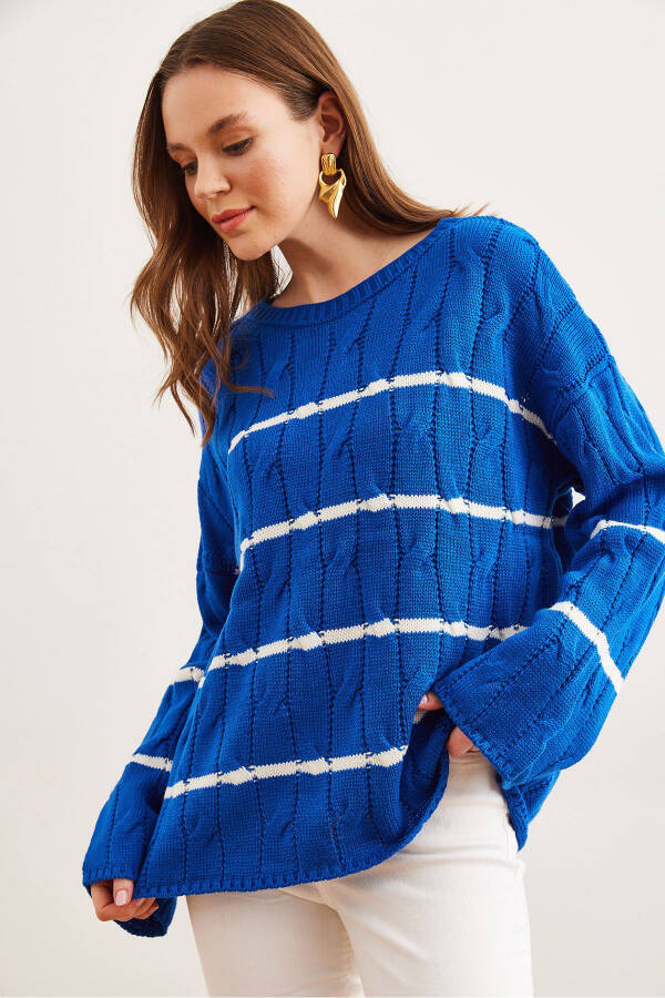 Women's Saks Blue Hair Braided Lines Detailed Knitted Sweater KZK-19000919 - 5
