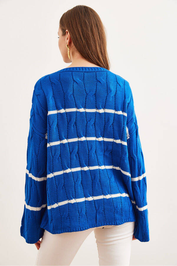 Women's Saks Blue Hair Braided Lines Detailed Knitted Sweater KZK-19000919 - 6
