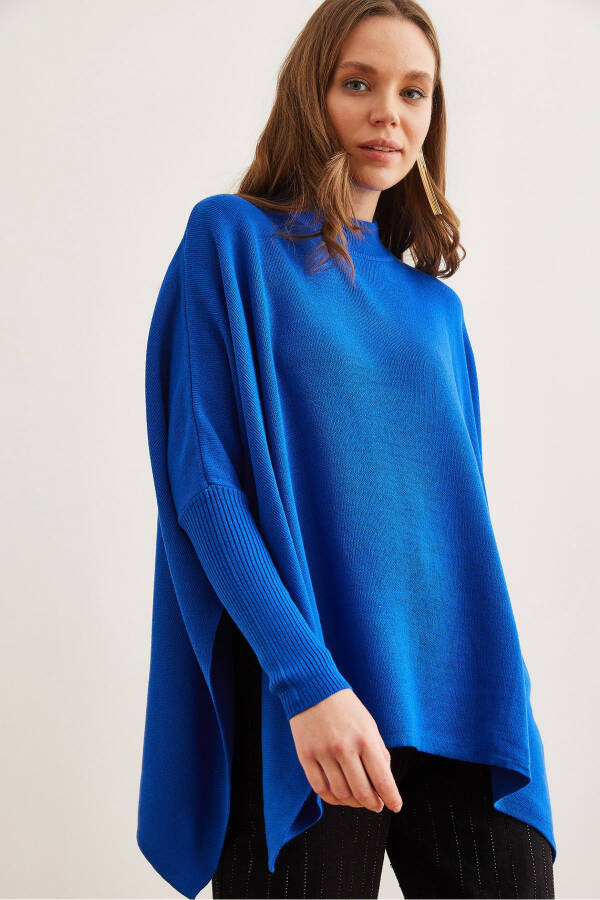 Women's Saks Blue Half Fisherman Poncho Knit Pullover - 1