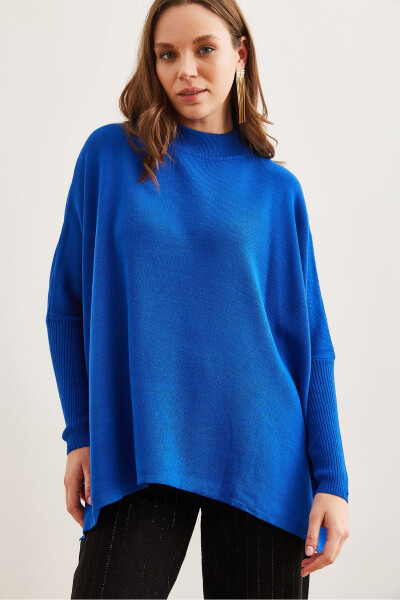 Women's Saks Blue Half Fisherman Poncho Knit Pullover - 2