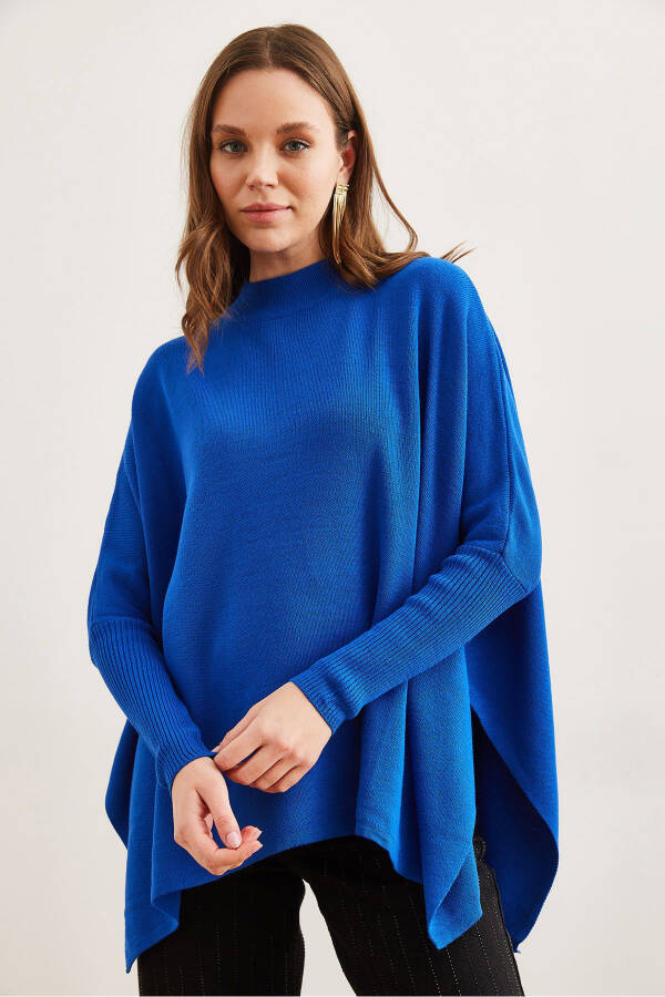 Women's Saks Blue Half Fisherman Poncho Knit Pullover - 3