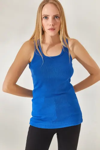 Women's Saks Blue Long Ribbed Tank Top ATL-00000003 - Saks Blue - OLALOOK (1)