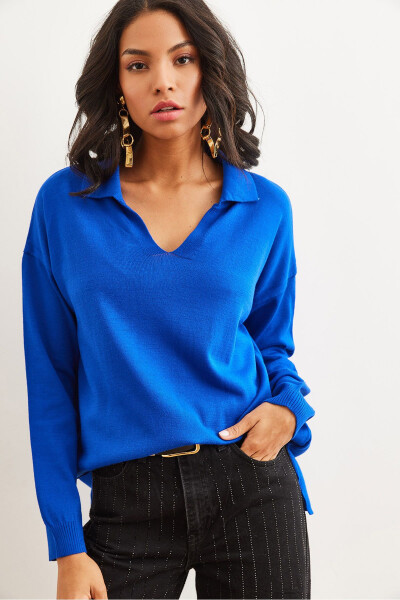 Women's Saks Blue Polo Neck Basic Knitted Sweater KZK-19000871 - OLALOOK