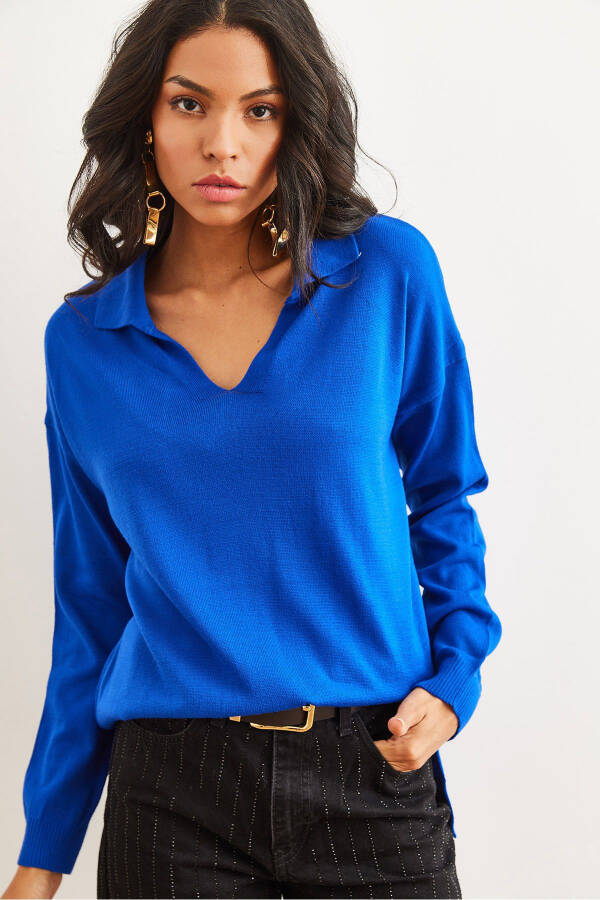 Women's Saks Blue Polo Neck Basic Knitted Sweater KZK-19000871 - 2