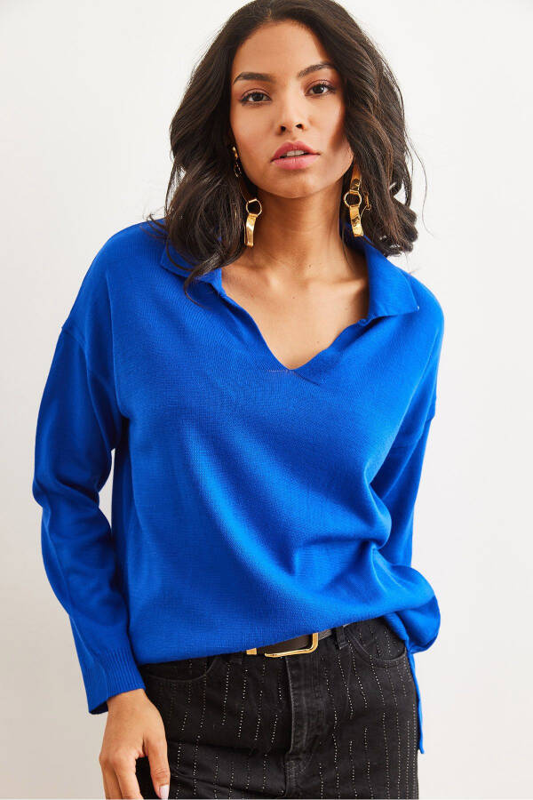 Women's Saks Blue Polo Neck Basic Knitted Sweater KZK-19000871 - 3