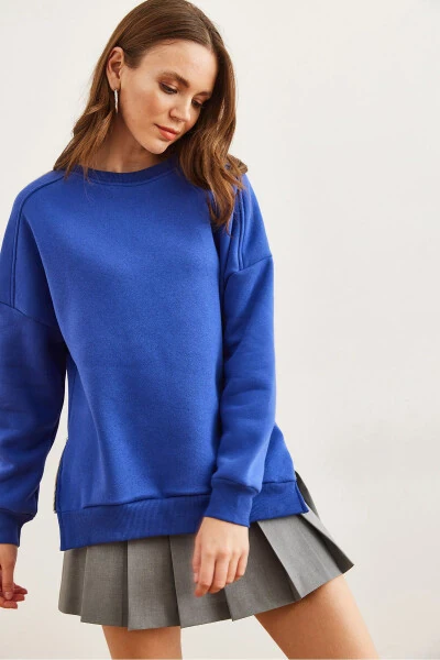 Women's Saks Blue Side Zipper Detail Fleece Inside Thick Sweatshirt SWT-19000624 - 2