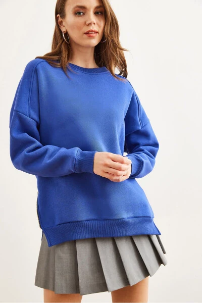 Women's Saks Blue Side Zipper Detail Fleece Inside Thick Sweatshirt SWT-19000624 - 3