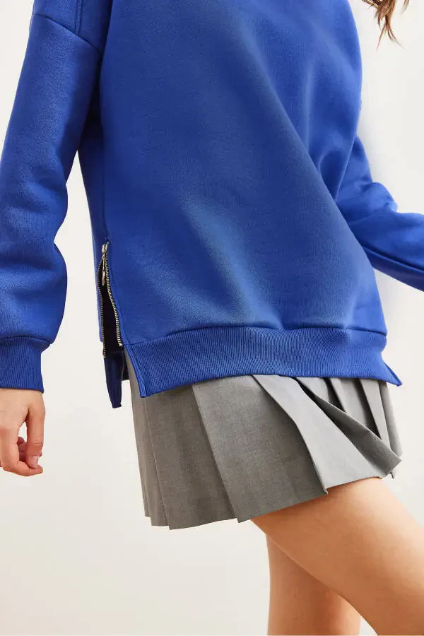 Women's Saks Blue Side Zipper Detail Fleece Inside Thick Sweatshirt SWT-19000624 - 5