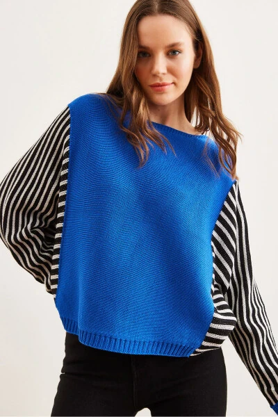 Women's Saks Blue Sleeve Detailed Knitted Pullover KZK-19000817 - OLALOOK